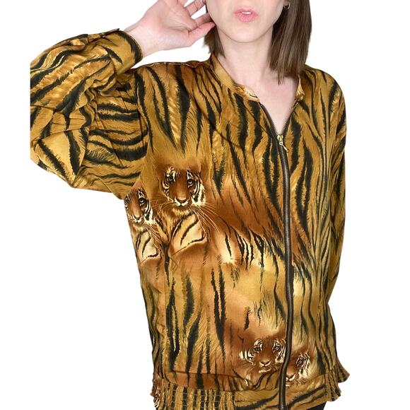 Vintage Women's Orange Satin Striped Tiger Print Elastic Waist Zip-up Jacket 12 - Picture 1 of 6